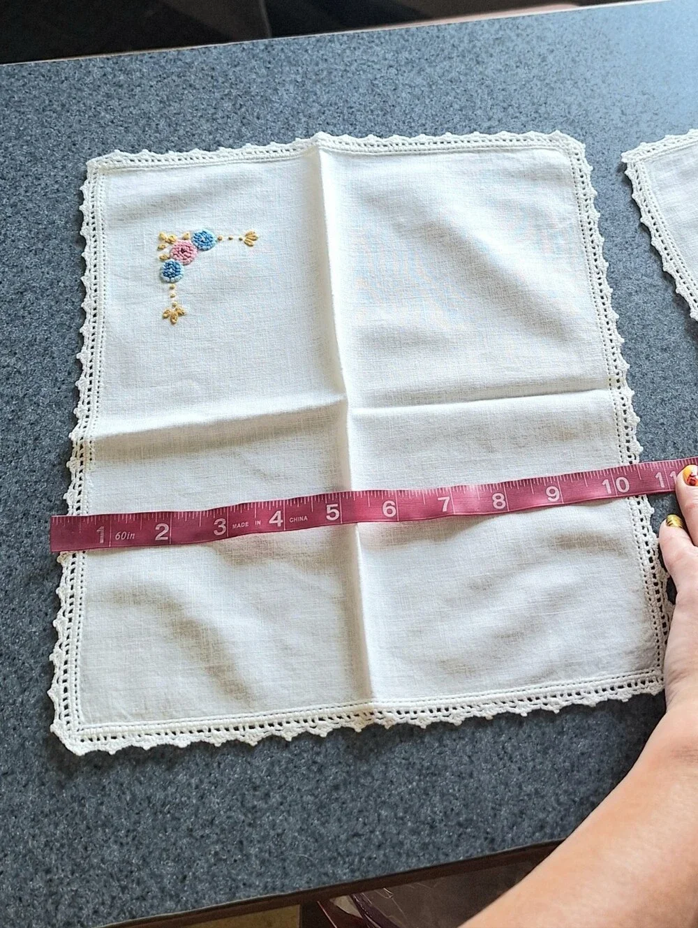 Vintage Handmade Embroidered Floral Napkins With Crochet Edges, Set of 4